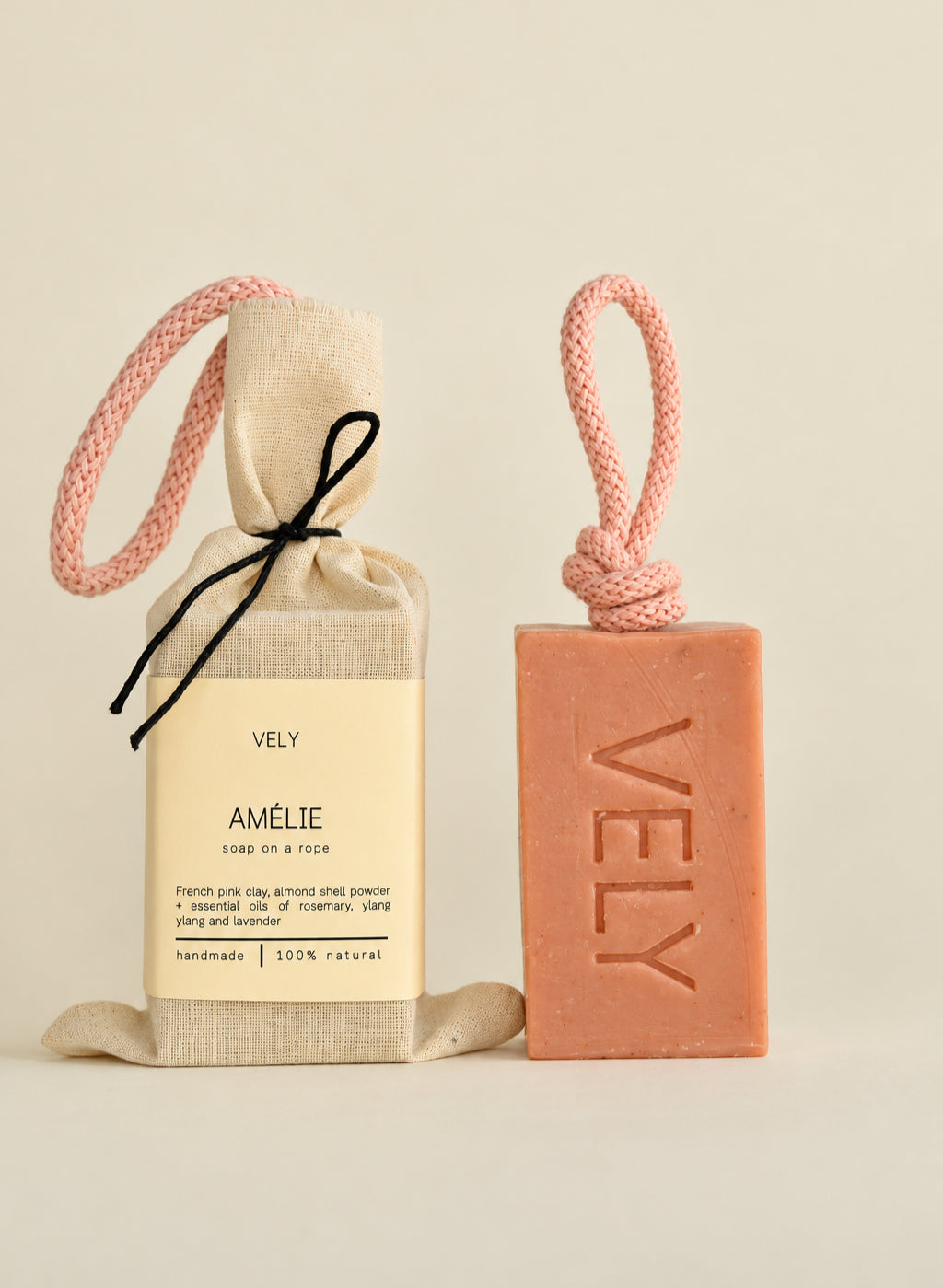 The Vely Soapery Soap on a Rope, Pink Clay