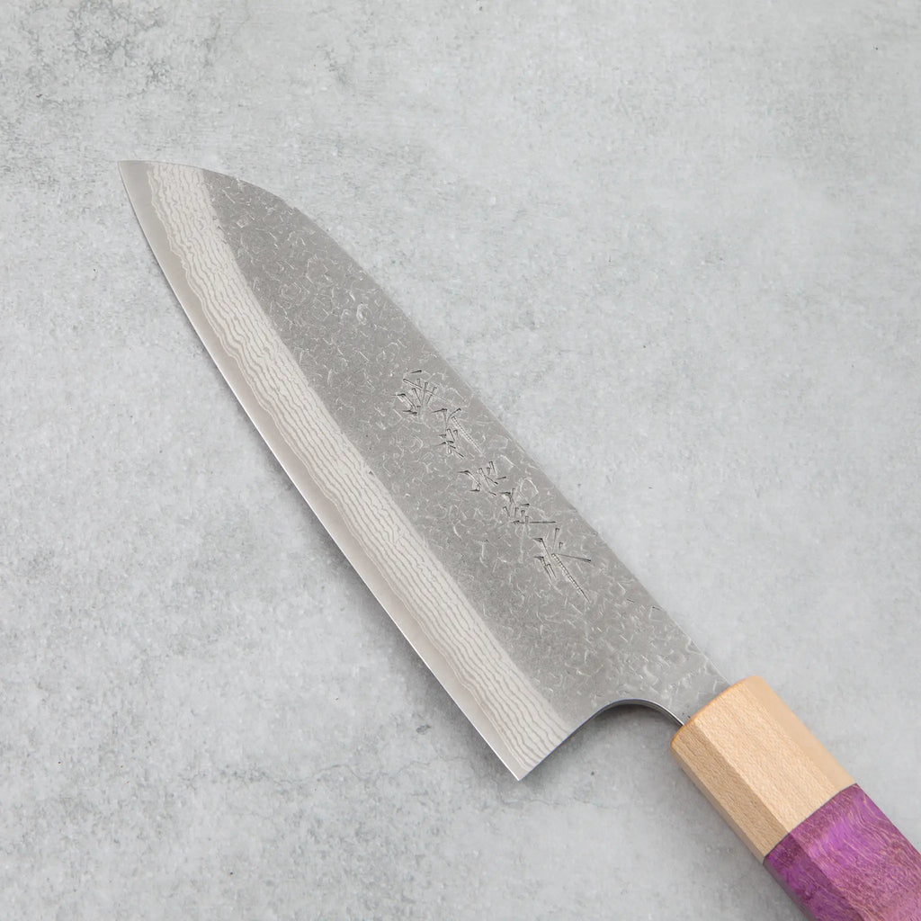 Kamo Hamono VG10 Tsuchime Damascus Juhyo Santoku Knife (Purple Handle)