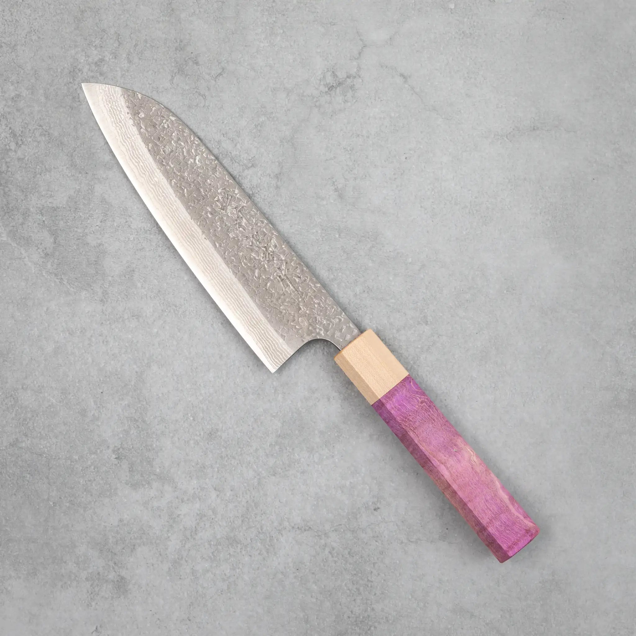 Kamo Hamono VG10 Tsuchime Damascus Juhyo Santoku Knife (Purple Handle)