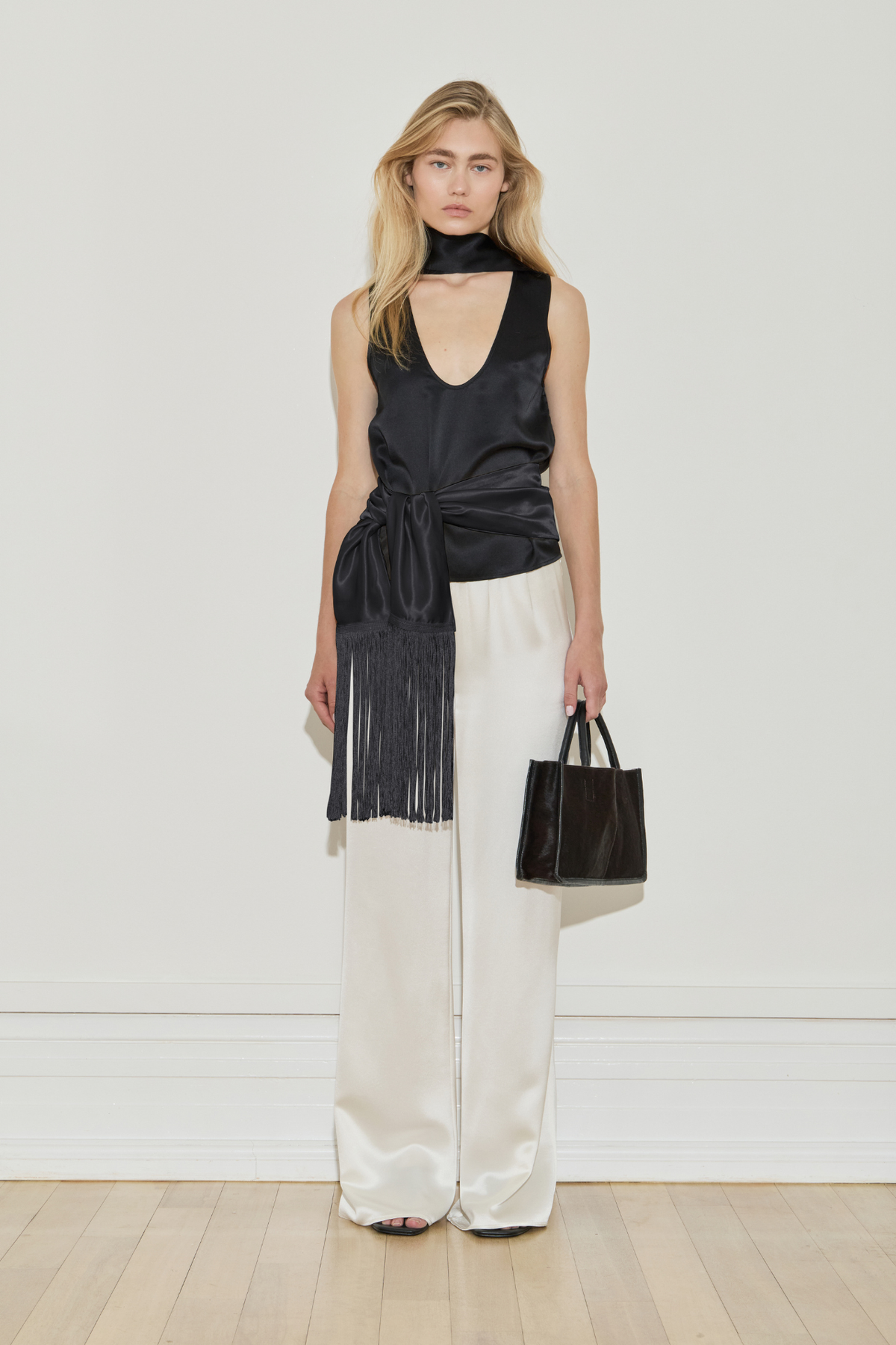 Maison Essentiele Silk Fringe Scarf, Black
