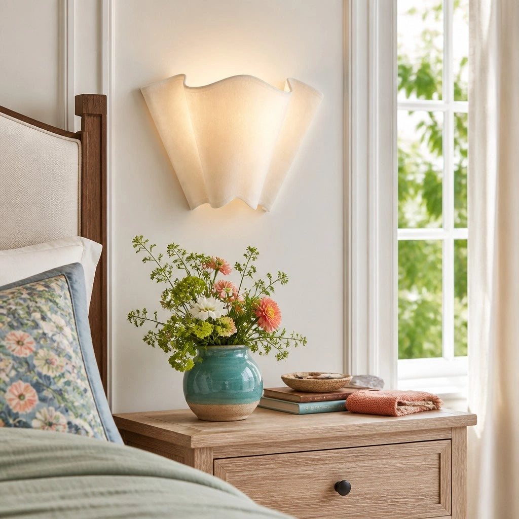Royelux Modern Wavy Ivory Linen Wall Sconce