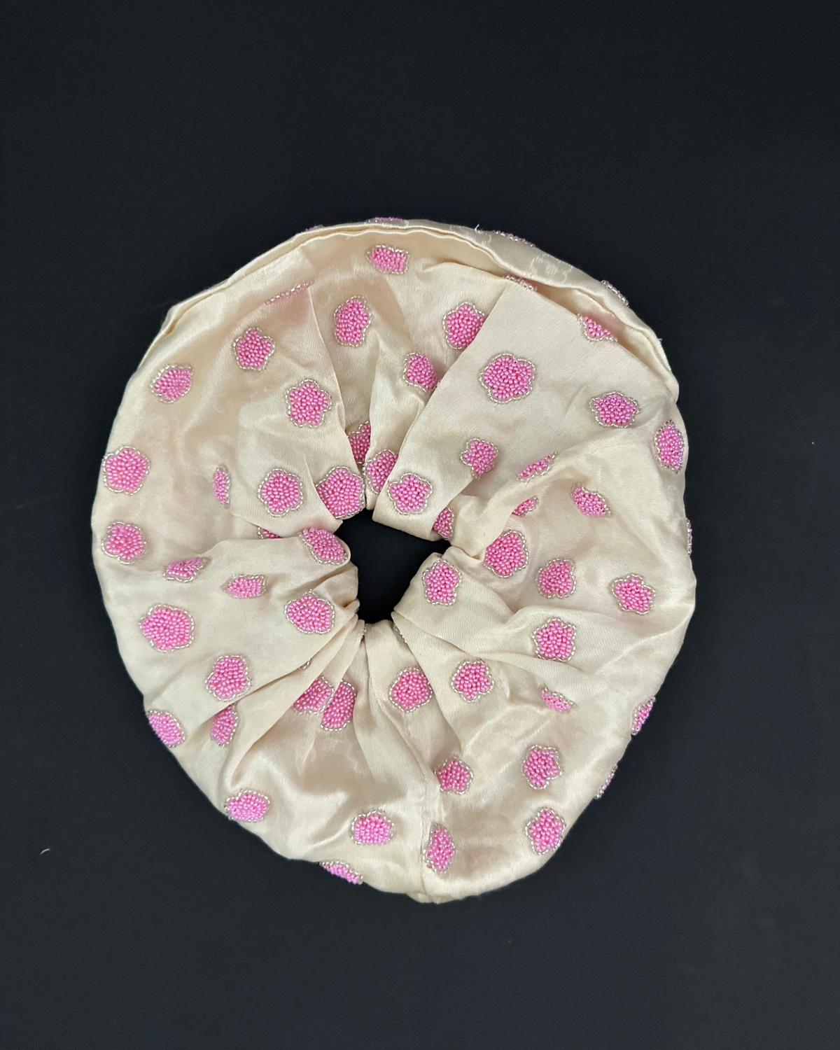 Hand-Beaded Silk Mashroo Scrunchie, Cream with Pink