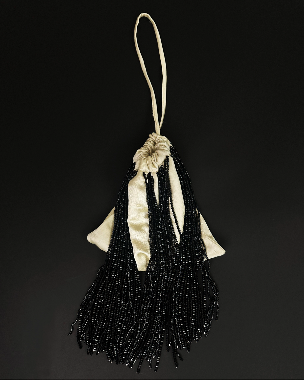 Beaded Fringe Wristlet Bag, Pale Yellow with Black
