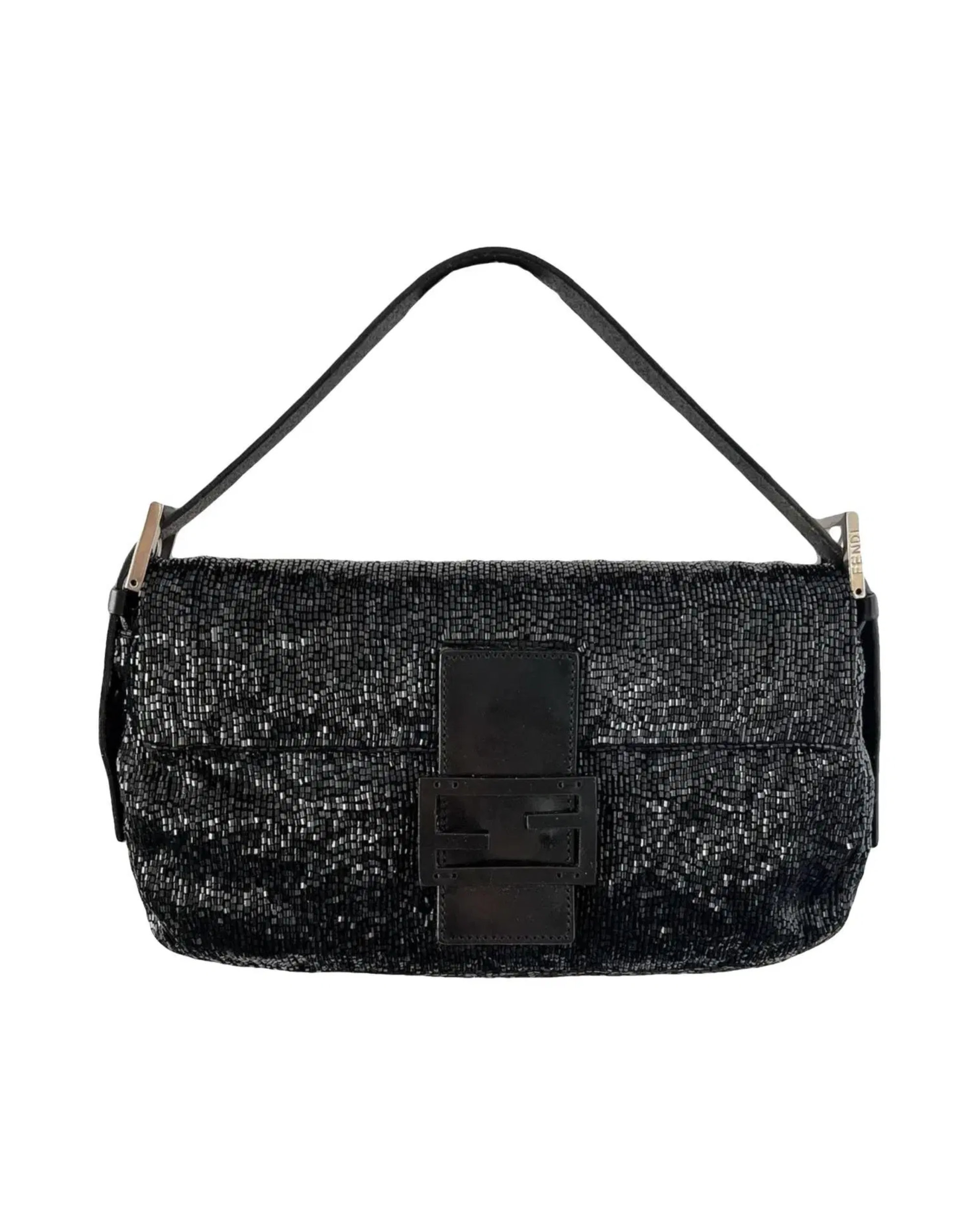 Fendi Black Glitter Beaded Baguette Handbag