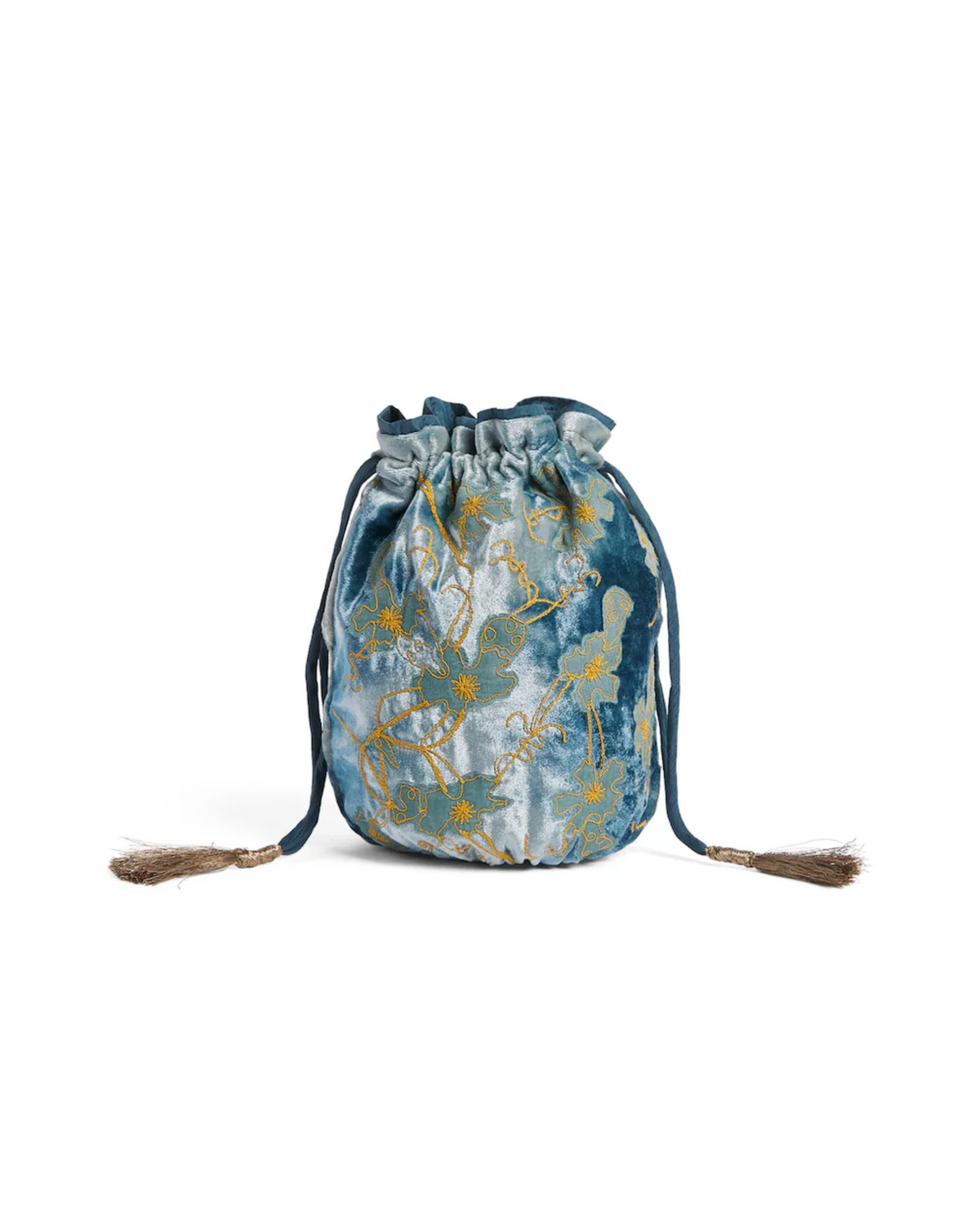 Silk Velvet Embroidered Pouch, Shaded Blue