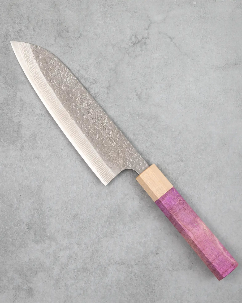 Kamo Hamono VG10 Tsuchime Damascus Juhyo Santoku Knife (Purple Handle)
