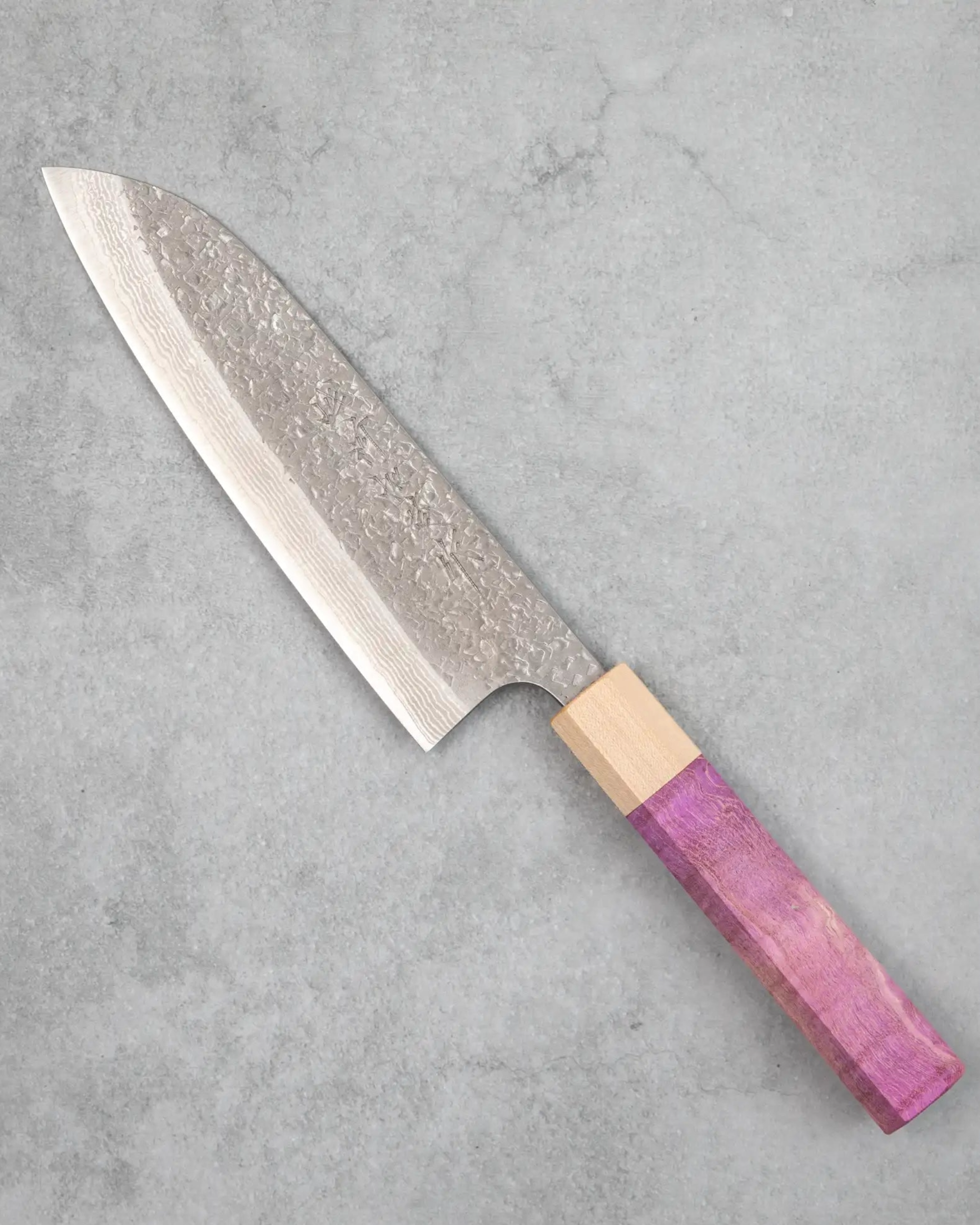 Kamo Hamono VG10 Tsuchime Damascus Juhyo Santoku Knife (Purple Handle)