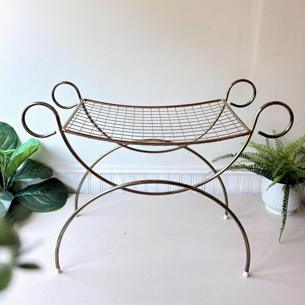 Brass Vanity Stool, Vintage 1960s Hollywood Regency